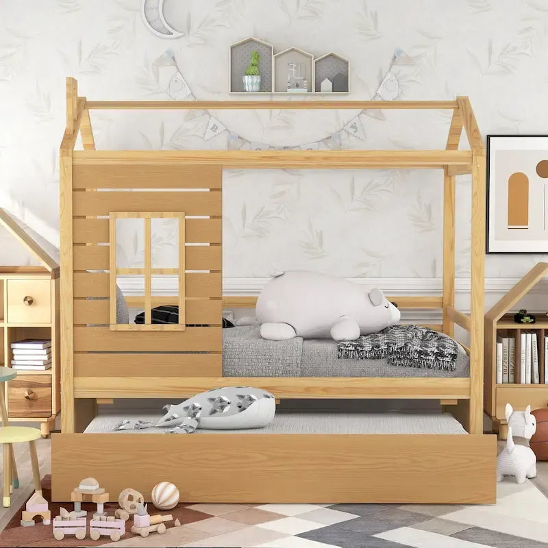Lit cabane double en bois avec lit gigogne double (naturel)