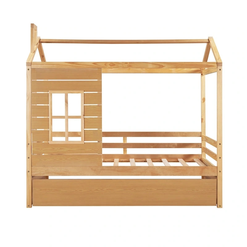 Lit cabane double en bois avec lit gigogne double (naturel)
