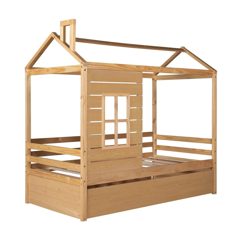 Lit cabane double en bois avec lit gigogne double (naturel)