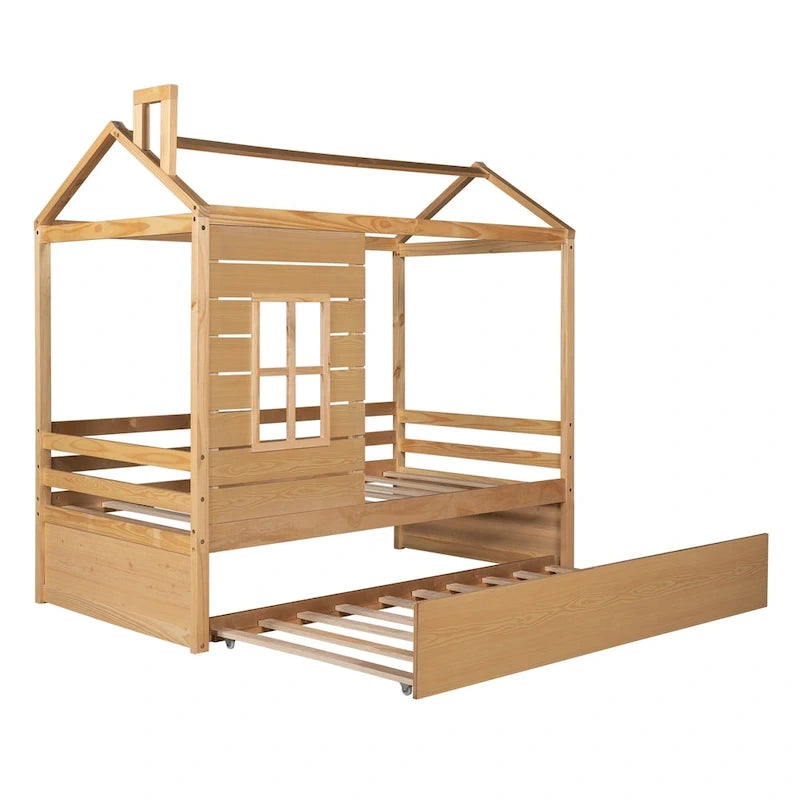 Lit cabane double en bois avec lit gigogne double (naturel)