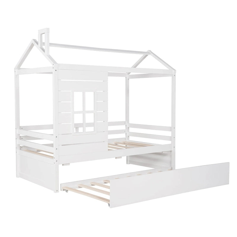 Lit cabane double en bois avec lit gigogne double (naturel)