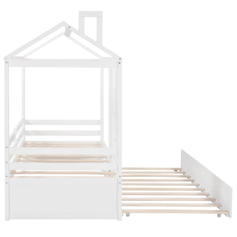 Lit cabane double en bois avec lit gigogne double (naturel)