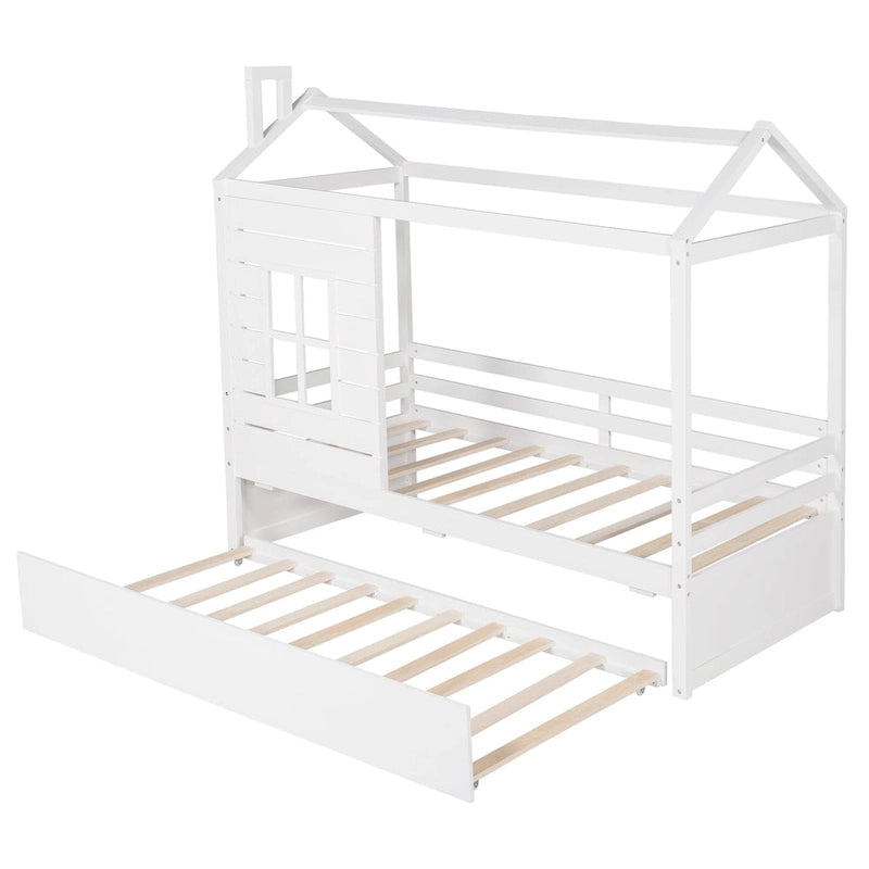 Lit cabane double en bois avec lit gigogne double (naturel)