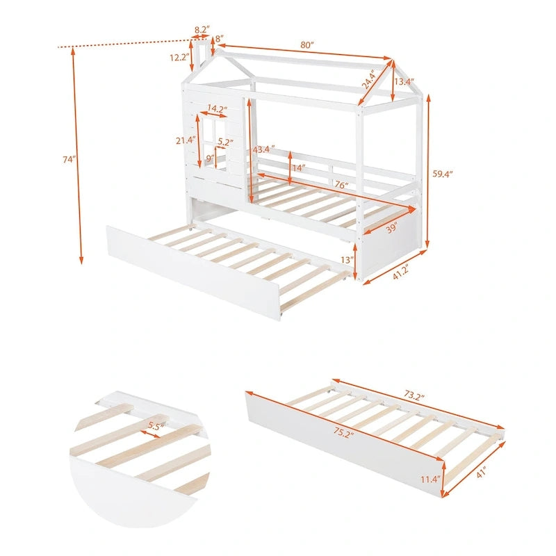 Lit cabane double en bois avec lit gigogne double (naturel)