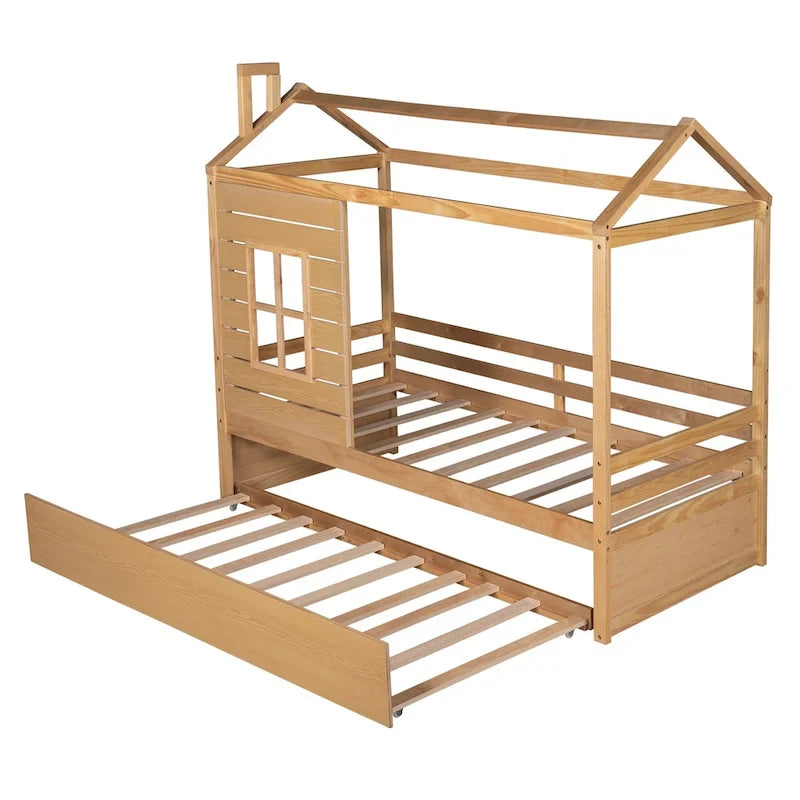 Lit cabane double en bois avec lit gigogne double (naturel)