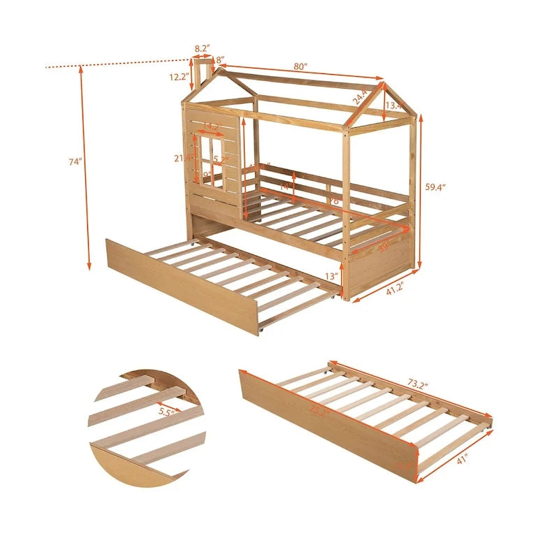 Lit cabane double en bois avec lit gigogne double (naturel)