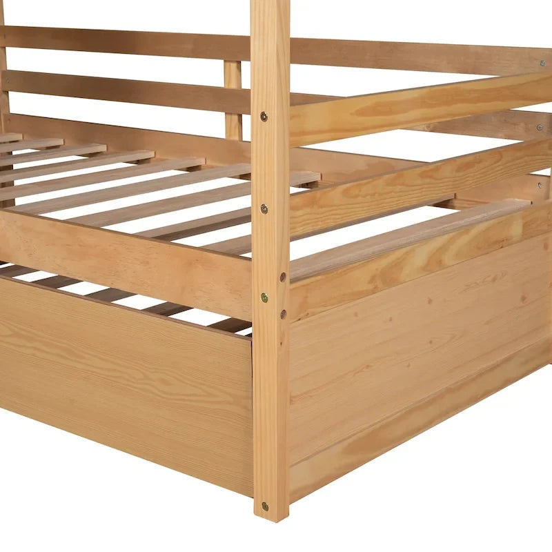 Lit cabane double en bois avec lit gigogne double (naturel)