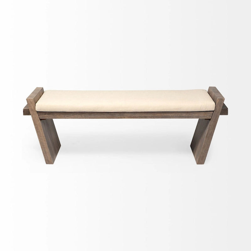Banc d'entrée en tissu crème avec bois marron - 58 L x 15 P x 20 H