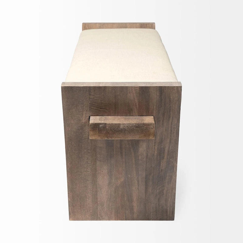 Banc d'entrée en tissu crème avec bois marron - 58 L x 15 P x 20 H