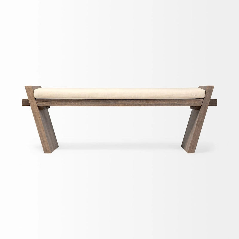 Banc d'entrée en tissu crème avec bois marron - 58 L x 15 P x 20 H
