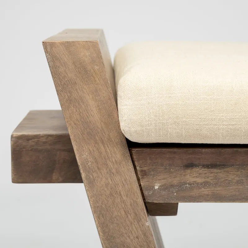 Banc d'entrée en tissu crème avec bois marron - 58 L x 15 P x 20 H