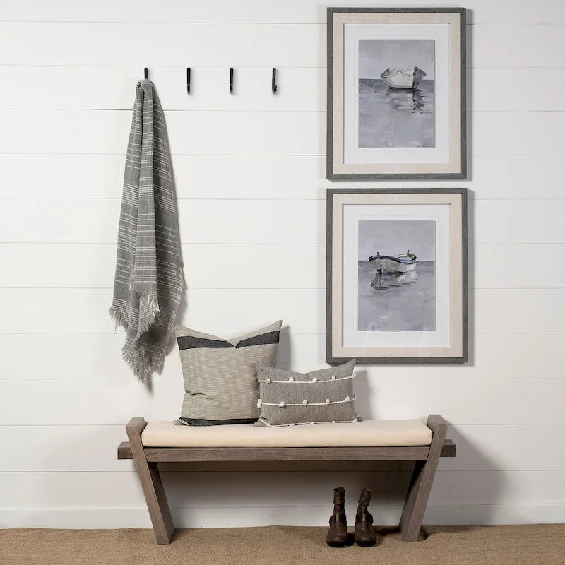 Banc d'entrée en tissu crème avec bois marron - 58 L x 15 P x 20 H