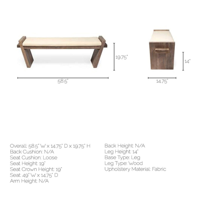 Banc d'entrée en tissu crème avec bois marron - 58 L x 15 P x 20 H