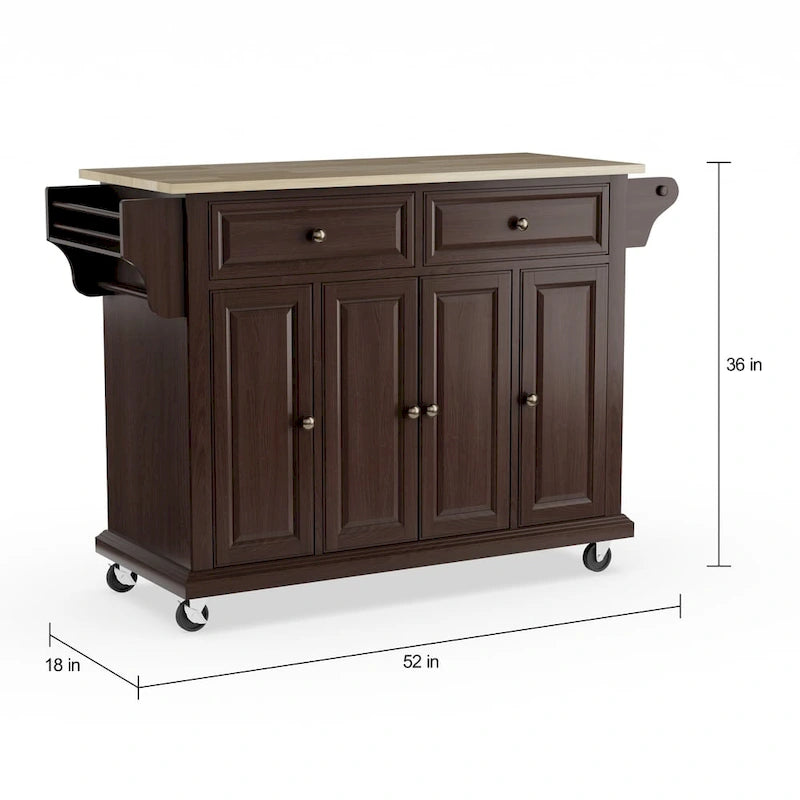 Chariot/Îlot de cuisine en acajou pleine grandeur - 18p x 51,5L x 36H