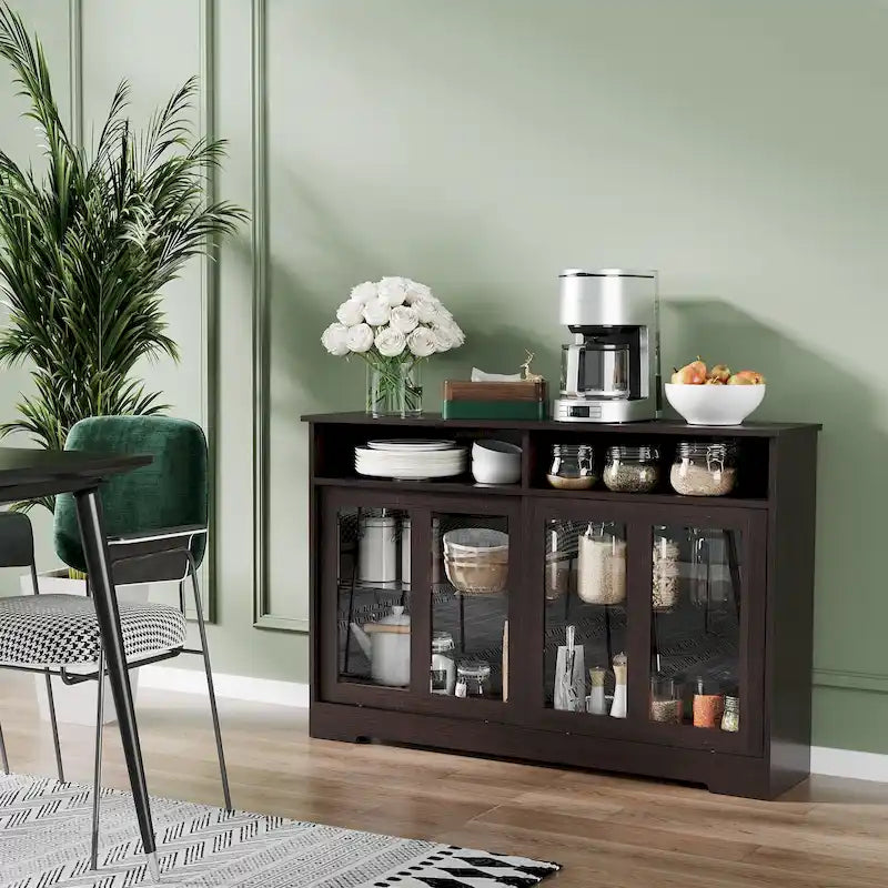 Bahut de rangement de cuisine moderne, buffet, placard avec portes coulissantes en verre et étagère réglable, brun foncé