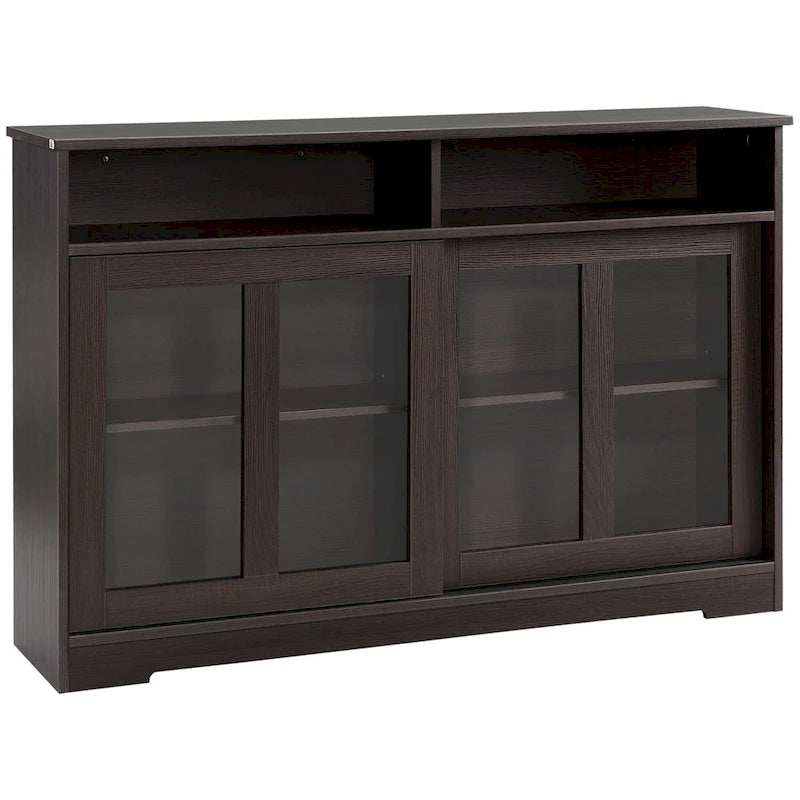 Bahut de rangement de cuisine moderne, buffet, placard avec portes coulissantes en verre et étagère réglable, brun foncé