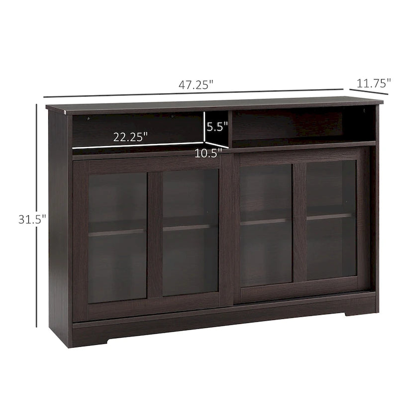 Bahut de rangement de cuisine moderne, buffet, placard avec portes coulissantes en verre et étagère réglable, brun foncé