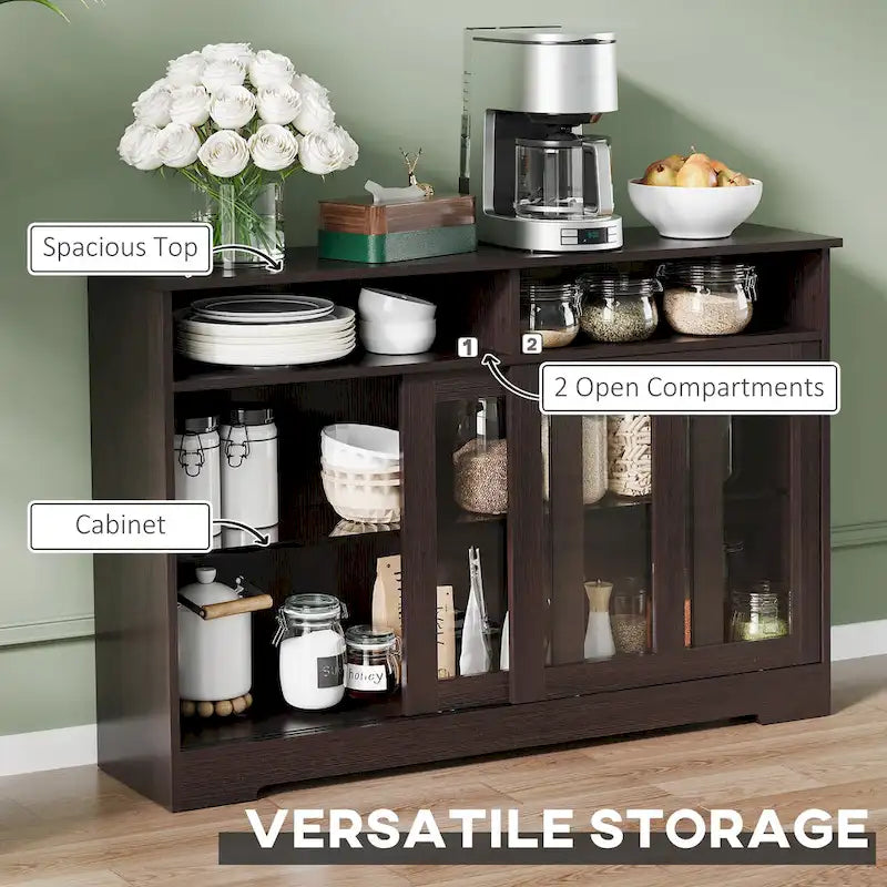Bahut de rangement de cuisine moderne, buffet, placard avec portes coulissantes en verre et étagère réglable, brun foncé