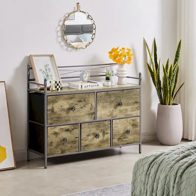 Commode en bois avec 5 tiroirs Meuble de rangement pour chambre, salon