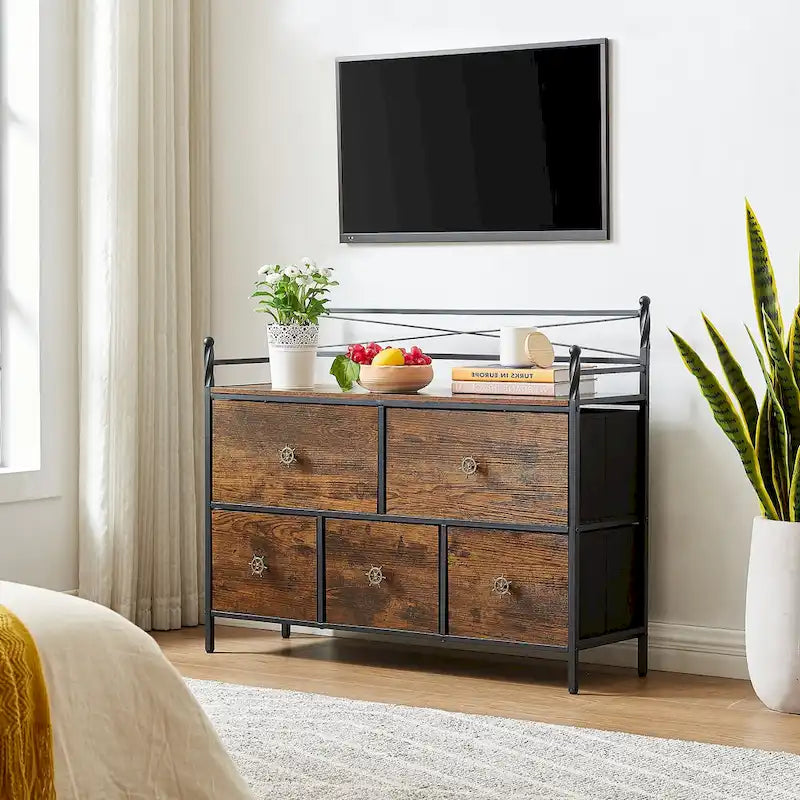 Commode en bois avec 5 tiroirs Meuble de rangement pour chambre, salon