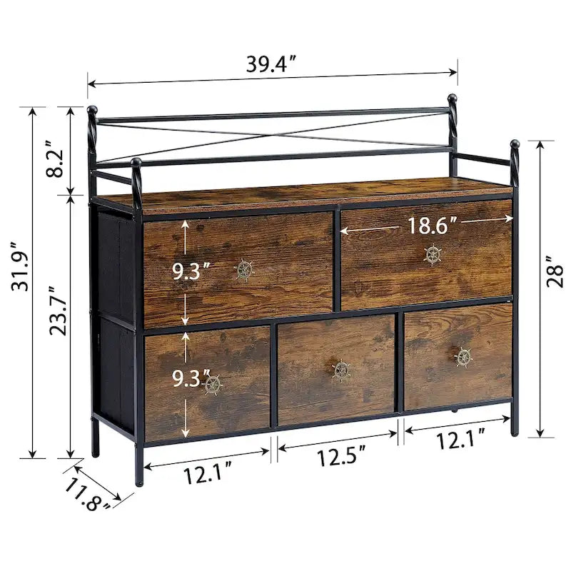 Commode en bois avec 5 tiroirs Meuble de rangement pour chambre, salon