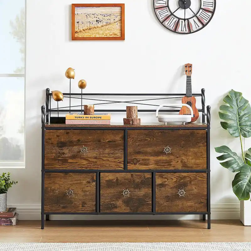 Commode en bois avec 5 tiroirs Meuble de rangement pour chambre, salon