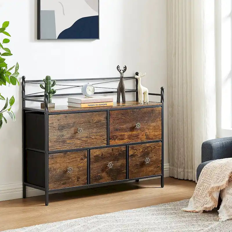 Commode en bois avec 5 tiroirs Meuble de rangement pour chambre, salon