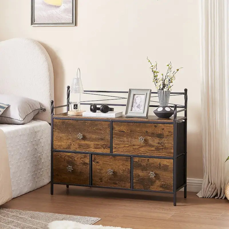 Commode en bois avec 5 tiroirs Meuble de rangement pour chambre, salon
