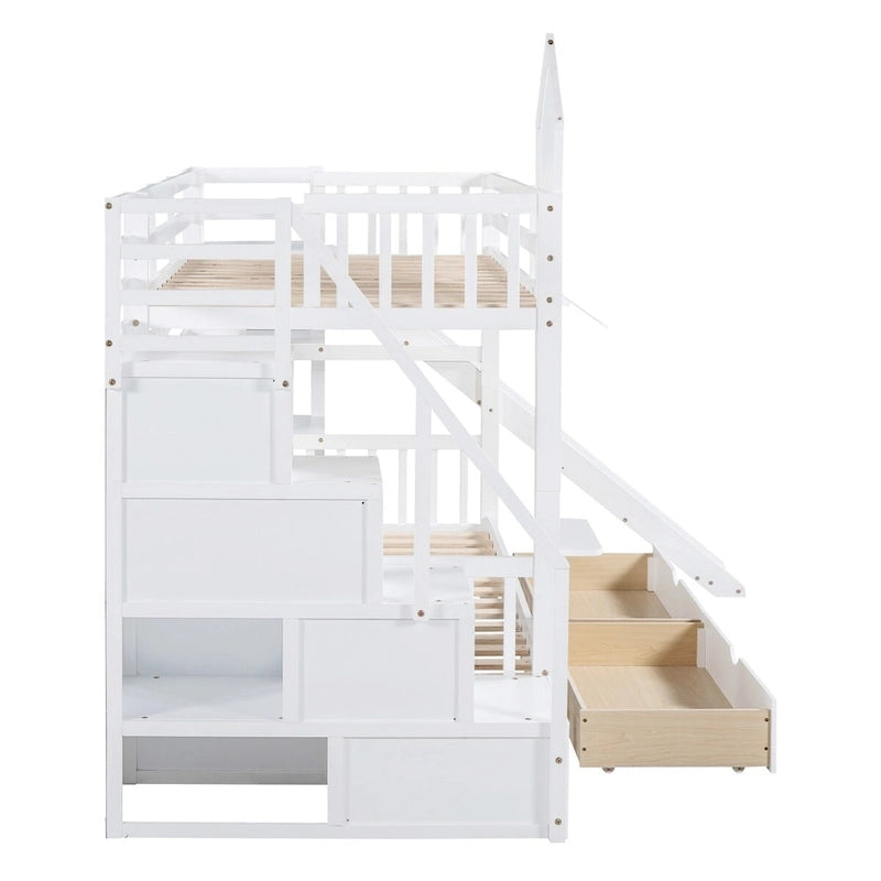 Lit superposé château, double sur double, avec tiroirs, étagères et toboggan