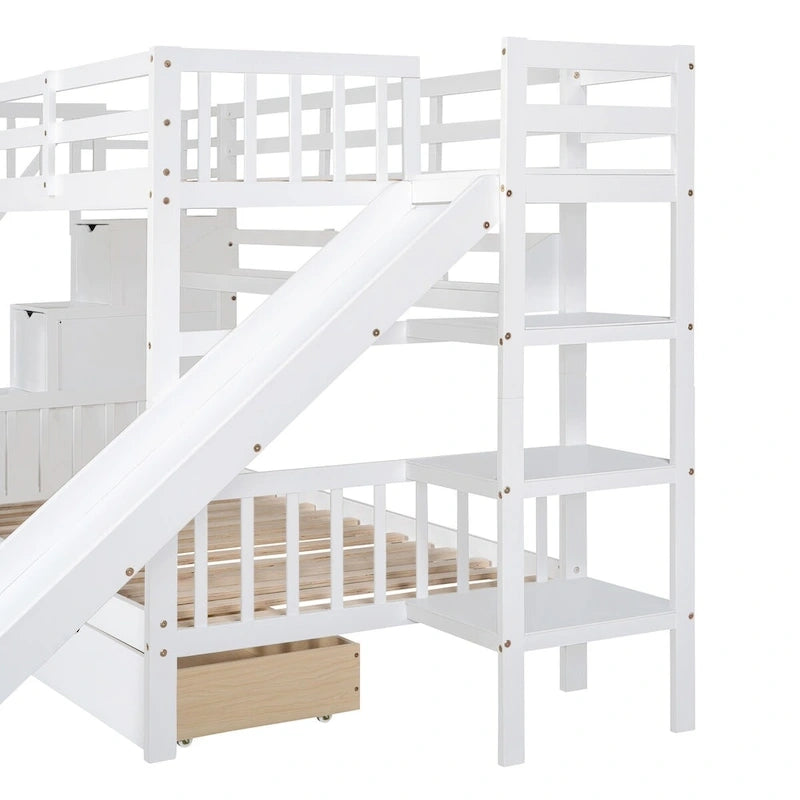 Lit superposé château, double sur double, avec tiroirs, étagères et toboggan