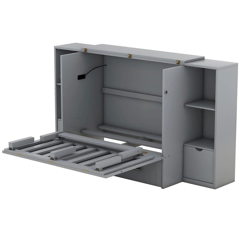 Lit escamotable Queen Size avec étagères, tiroirs et ports USB