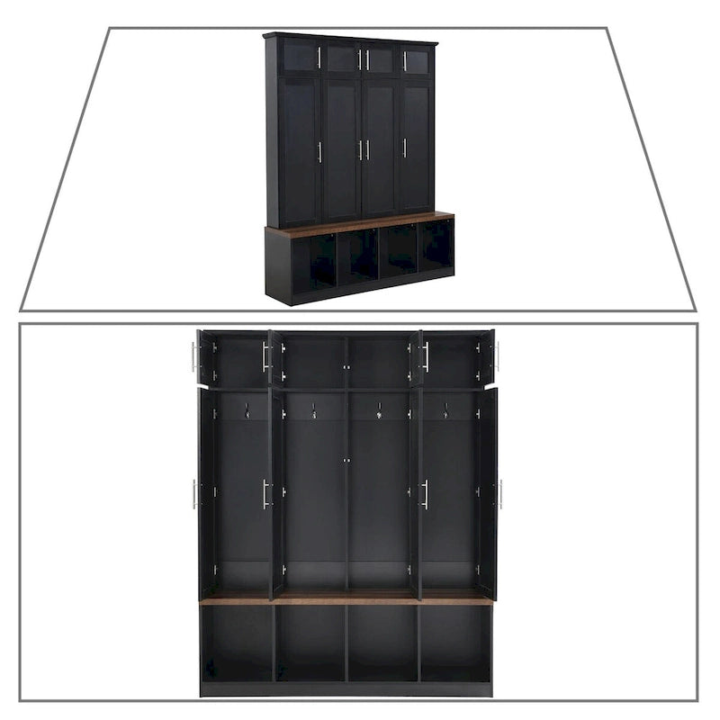 Meuble d'entrée haut en bois élégant avec 8 armoires et 4 compartiments de rangement ouverts