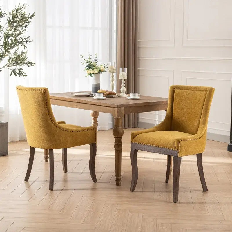 Chaises de salle à manger en tissu épais avec pieds en bois massif, clous de tapissier bronze, lot de 2