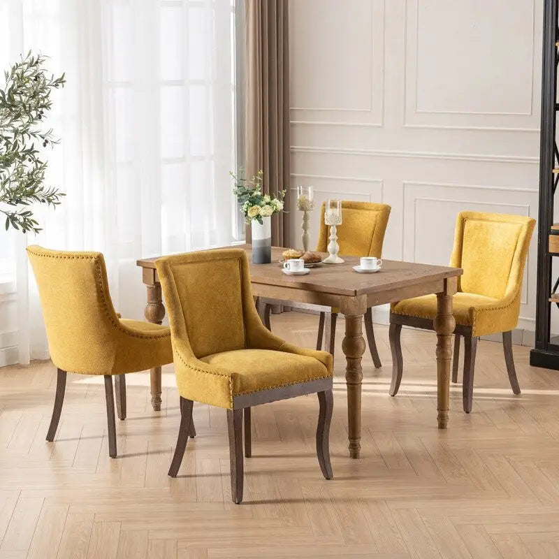 Chaises de salle à manger en tissu épais avec pieds en bois massif, clous de tapissier bronze, lot de 2
