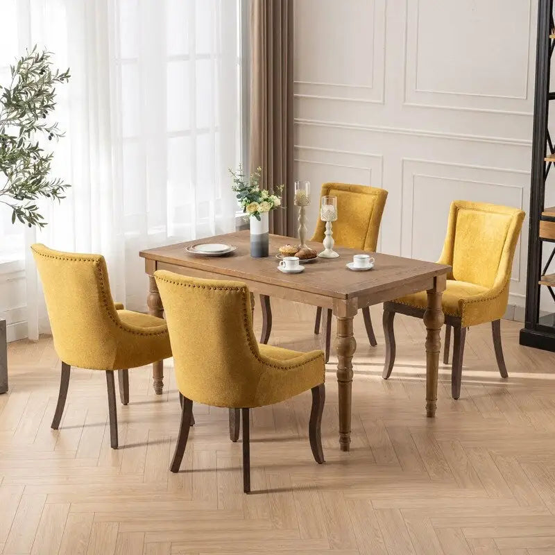 Chaises de salle à manger en tissu épais avec pieds en bois massif, clous de tapissier bronze, lot de 2
