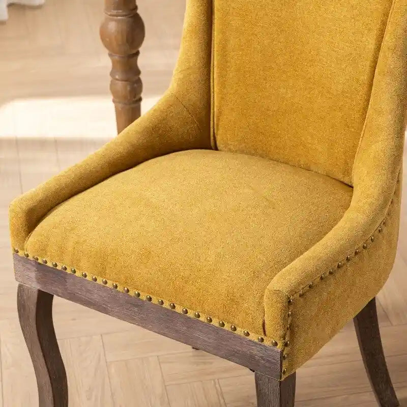 Chaises de salle à manger en tissu épais avec pieds en bois massif, clous de tapissier bronze, lot de 2