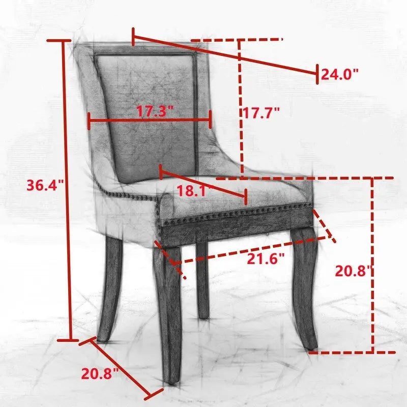 Chaises de salle à manger en tissu épais avec pieds en bois massif, clous de tapissier bronze, lot de 2