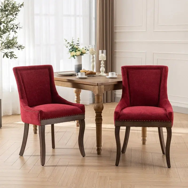 Chaises de salle à manger en tissu épais avec pieds en bois massif, clous de tapissier bronze, lot de 2