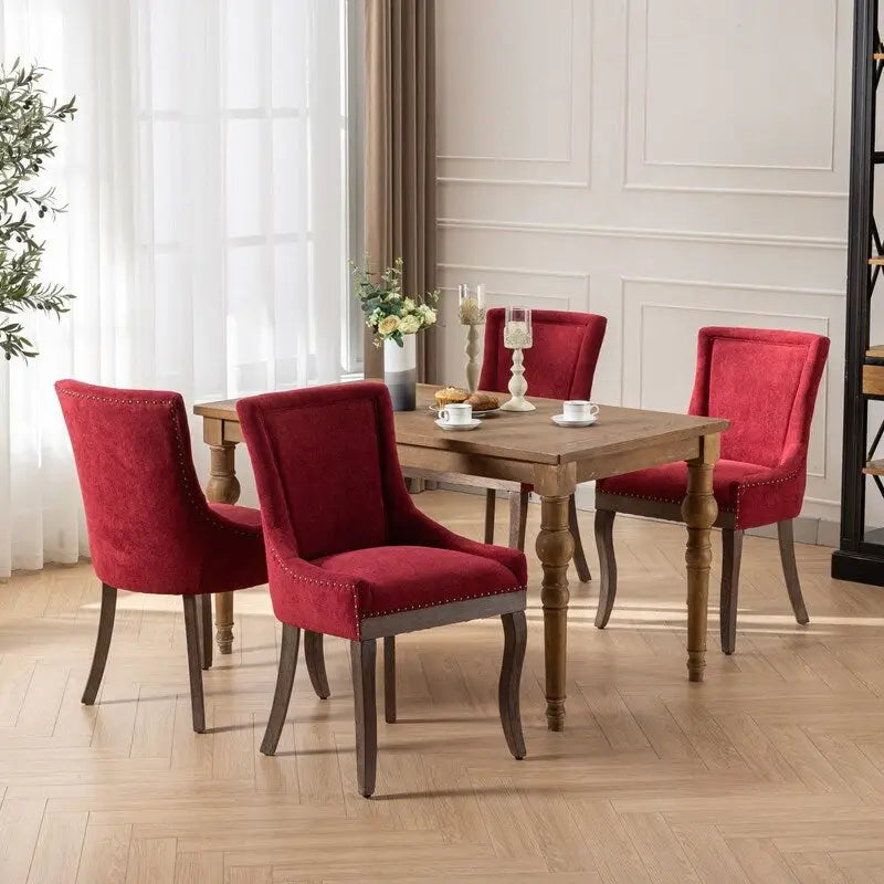 Chaises de salle à manger en tissu épais avec pieds en bois massif, clous de tapissier bronze, lot de 2
