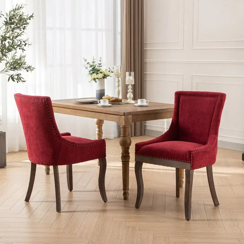 Chaises de salle à manger en tissu épais avec pieds en bois massif, clous de tapissier bronze, lot de 2