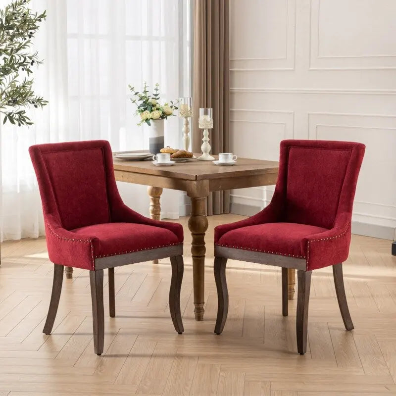 Chaises de salle à manger en tissu épais avec pieds en bois massif, clous de tapissier bronze, lot de 2