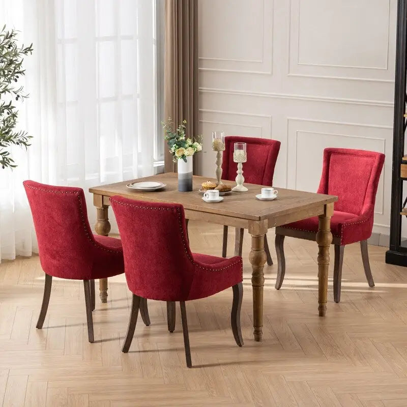 Chaises de salle à manger en tissu épais avec pieds en bois massif, clous de tapissier bronze, lot de 2
