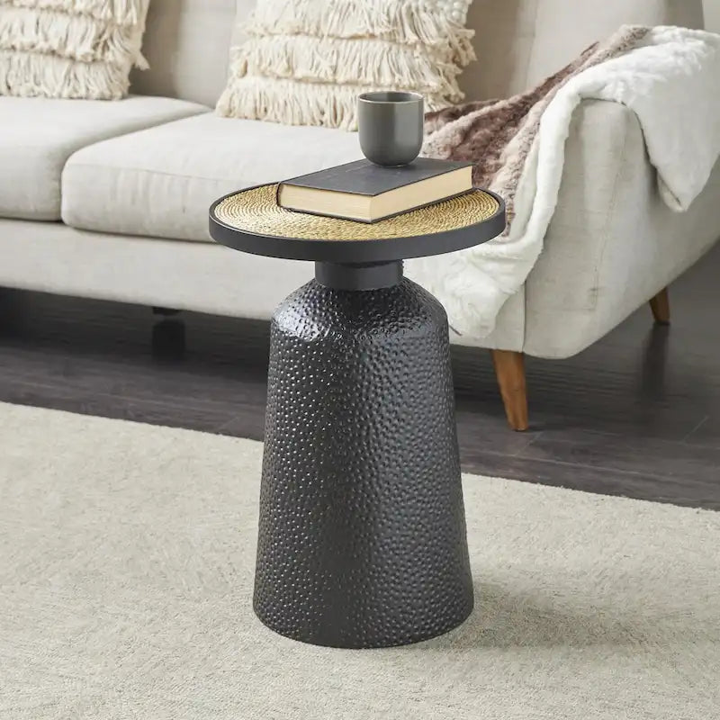 Table d'appoint ou de chevet en métal faite main avec plateau en corde